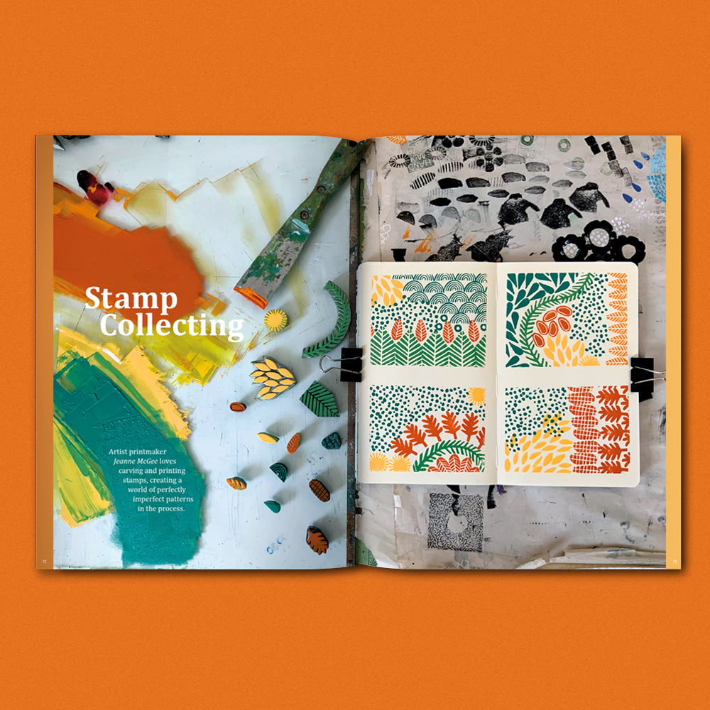 Open book showing pages with stamp collecting theme and patterned stamps on an orange background.