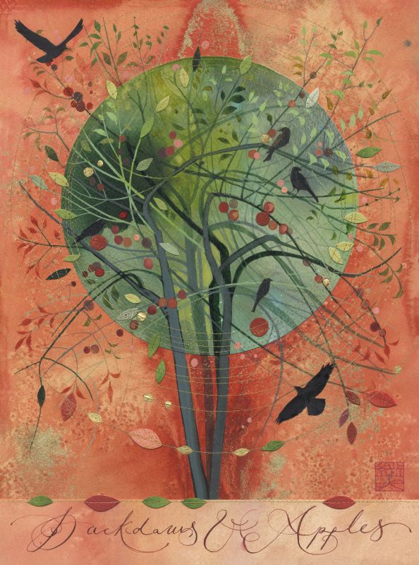 Jackdaws and Apples painting by Kate Lycett and leaves on an orange background