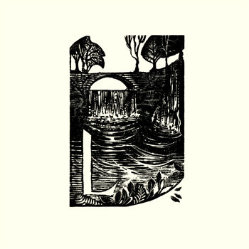 Black and white illustration of a landscape with a bridge over a river. Kate Lycett,wood engraving,Hebden Bridge, A-Z,Lumb Falls,print