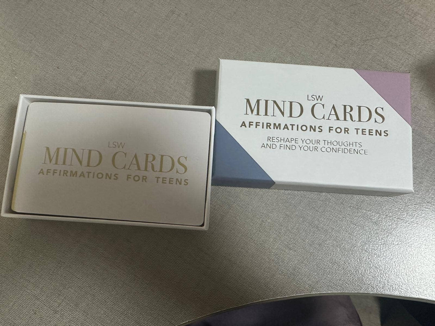 LSW Mind Cards affirmation cards packaging on a gray surface