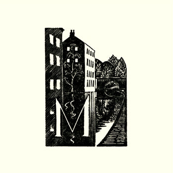 Black and white illustration of a cityscape with buildings and a street.Kate Lycett,wood engraving,Hebden Bridge, A-Z,Machpelah mill,print