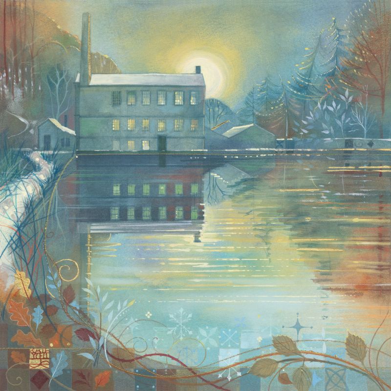 Kate Lycett's painting of Gibson Mill in midwinter with a warm glow, surrounded by nature.