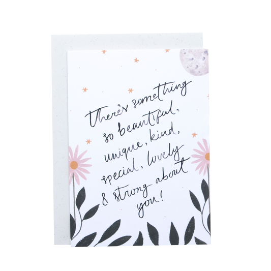 Greeting card with floral design and text on a white background