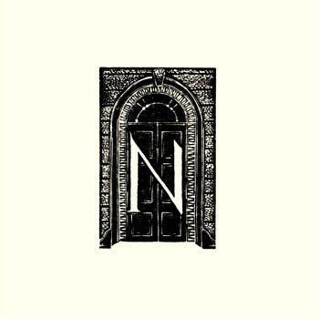 Decorative black door with a white letter 'N' on a white background Kate Lycett,wood engraving,Hebden Bridge, A-Z,Nelsons,print,door
