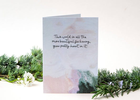 Greeting card with a message surrounded by greenery on a white background Pretty Heart card by Hidden Pearl
