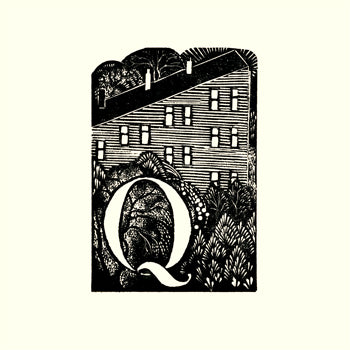 Decorative letter 'Q' with a house and tree design on a white background, Kate Lycett,wood engraving,Hebden Bridge, A-Z,Queens Terrace,print