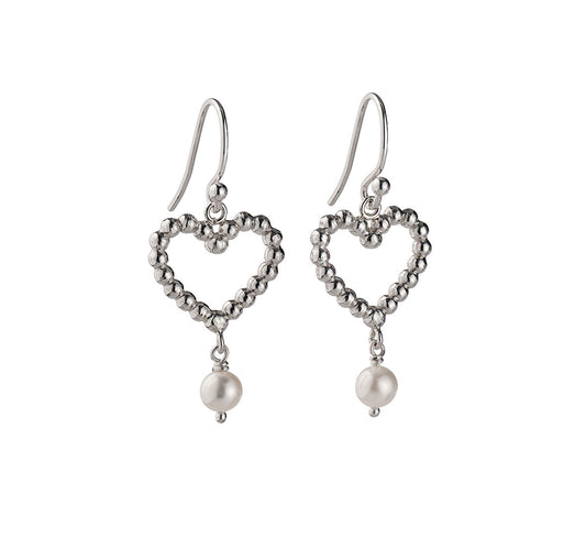 Rebecca Lewis - Silver granule heart earrings with pearl drop = bridal jewellery - bridesmaids