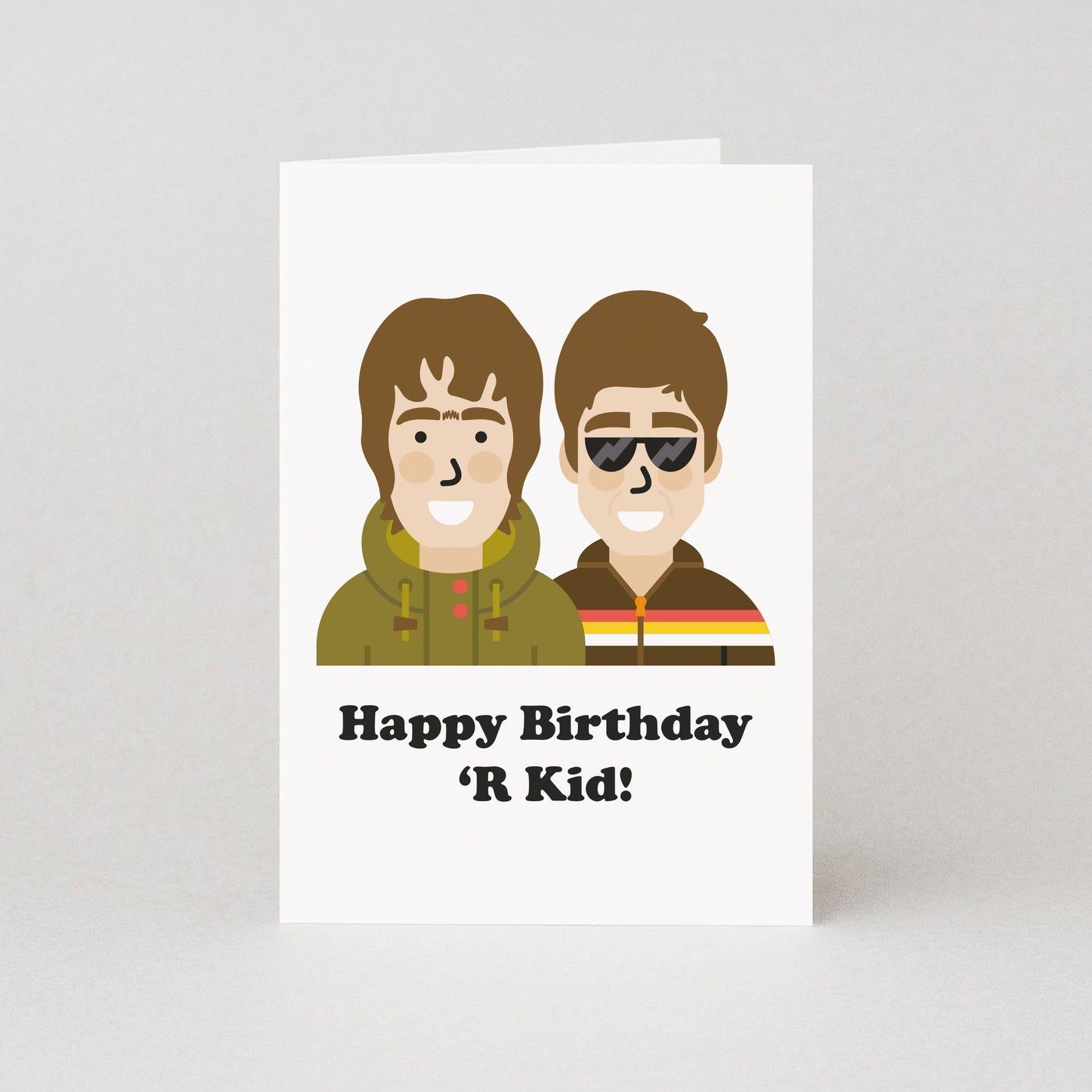 white birthday card featuring manchester lads Liam and Noel - humourous card