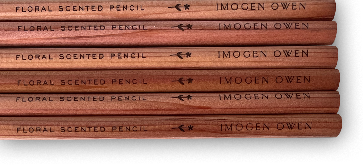 Row of Imogen Owen floral scented pencils rose geranium