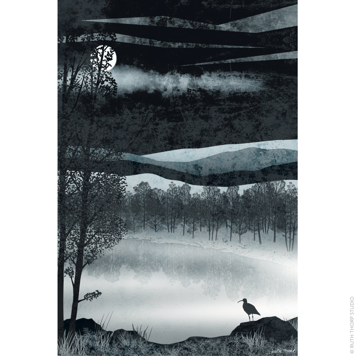Ruth Thorp - Silver Loch - A4 print artwork. This illustrated art print forms part of Ruth’s Golden Forest collection of 6 A4 prints