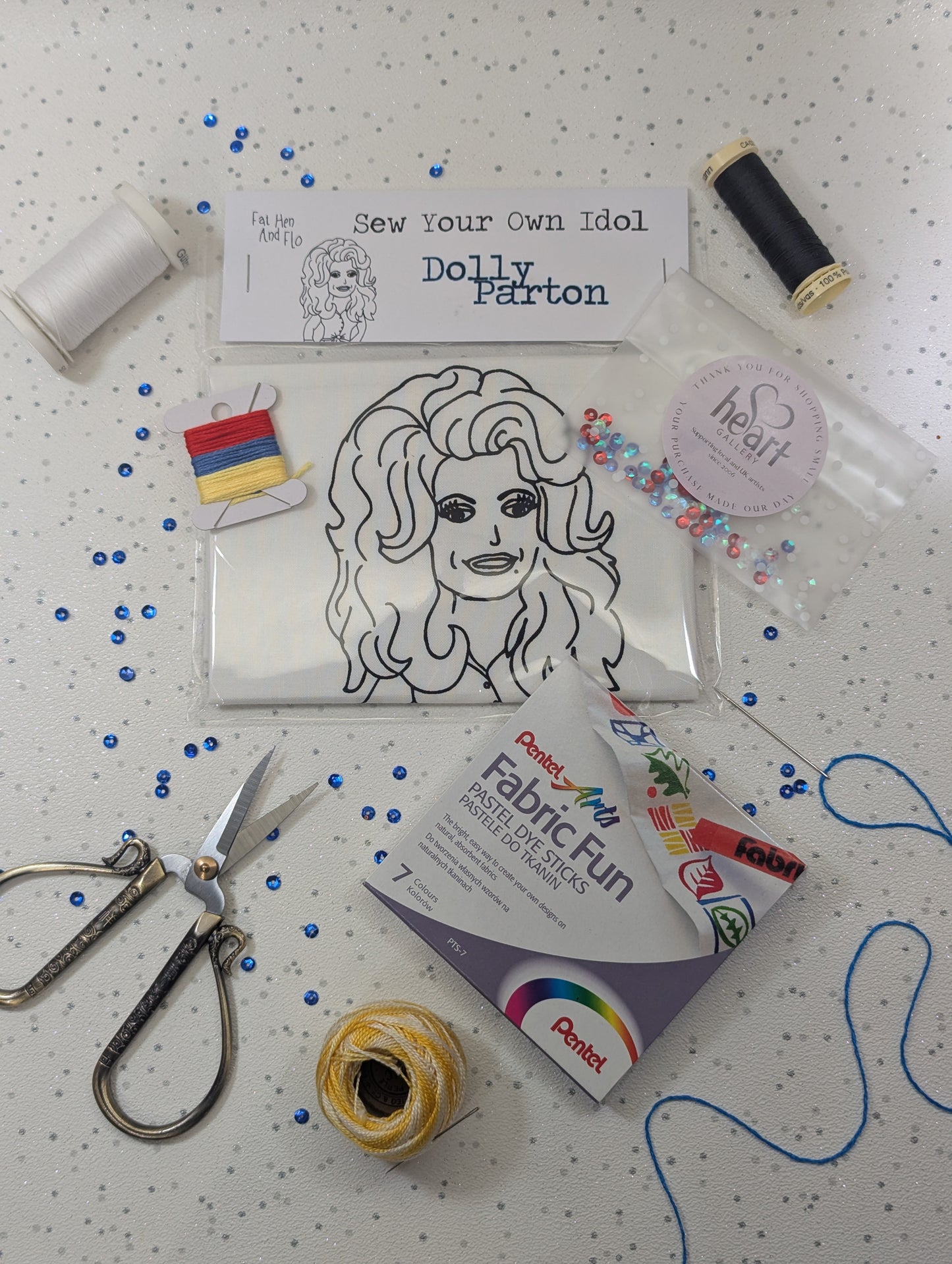 Crafting kit with sewing supplies and a Sew Your Own Idol - Dolly Parton - for Heart Gallery craft kits through the post