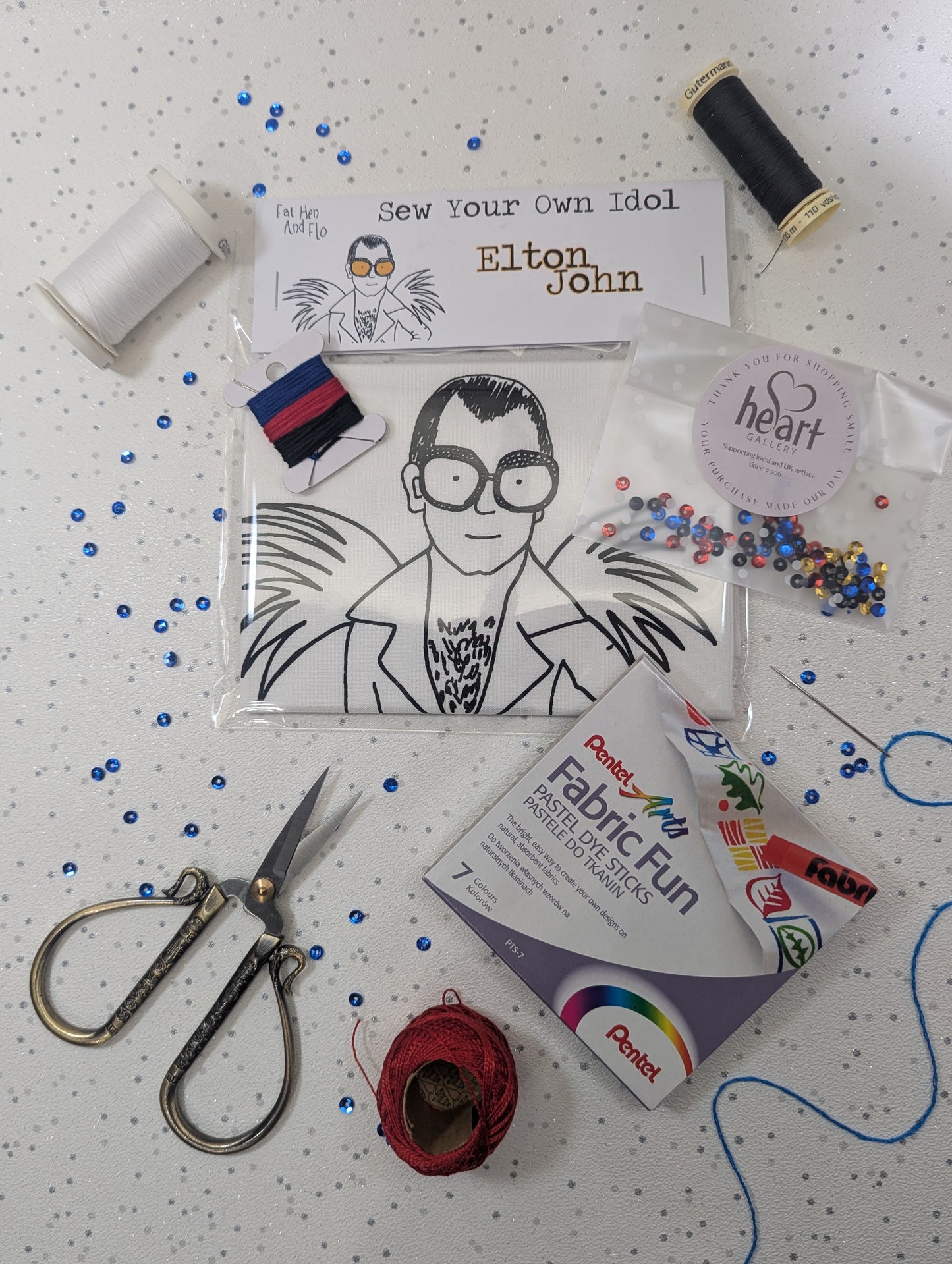 Crafting kit with sewing supplies and Elton John sew your own idol by fat hen and flo for heart gallery