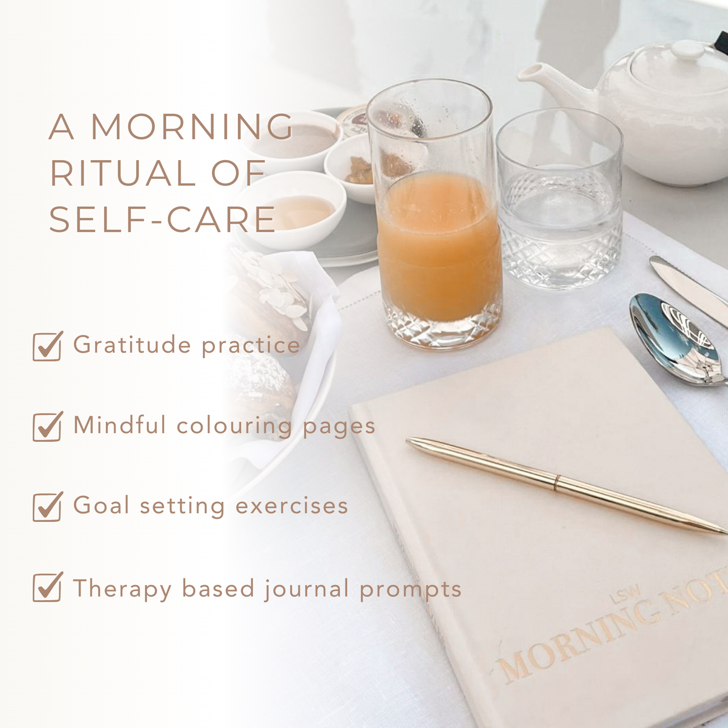 daily gratitude practice with LSW Morning Notes styled image with a pen and a brew