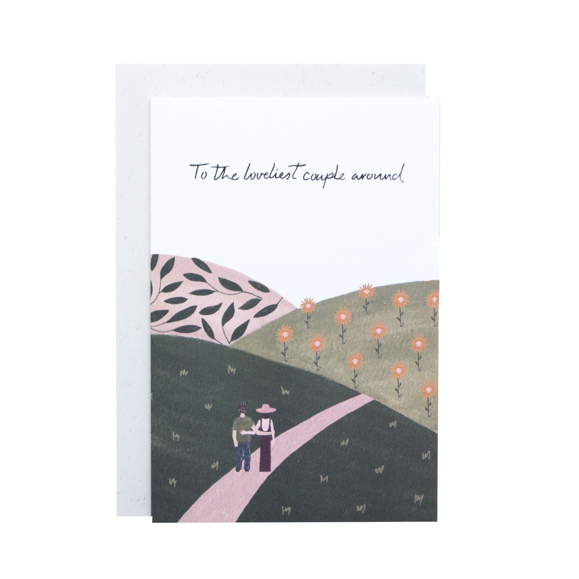 Greeting card with illustration of a couple walking on a path with flowers, text 'To the loveliest couple around'.