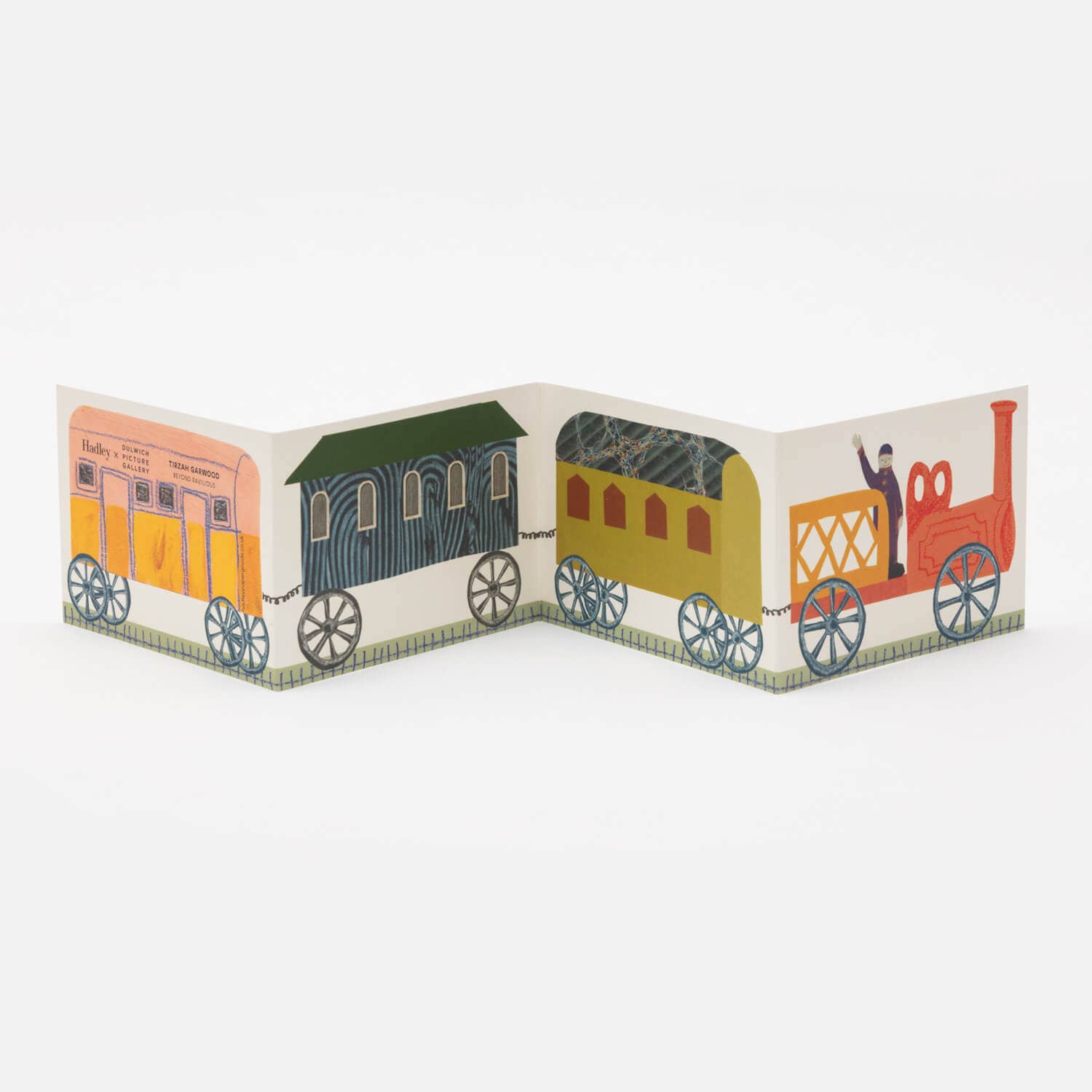 Colorful train concertina card with cartoon-like design on a white background