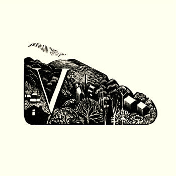 Black and white illustration of a forest design and the letter 'V' on a white background to depict a valley, Kate Lycett,wood engraving,Hebden Bridge, A-Z,Valley,print