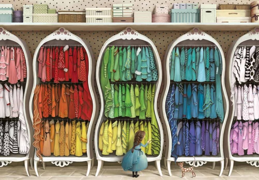 illustration by Demelsa Haughton of colorful children's clothing in a store setting with a small figure for scale.