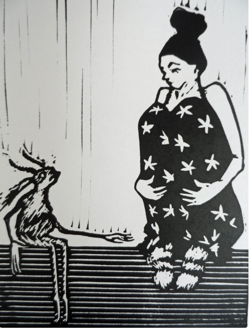 Original editioned linocut by Polly Marix-Evans, depicting a figure with a cat, signed and titled, on smooth white printmaking paper called We All HAve our own Demons