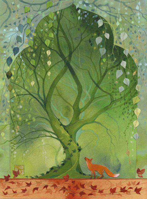 Weeping Birch painting by Kate Lycett with a fox, birds and autumnal colours