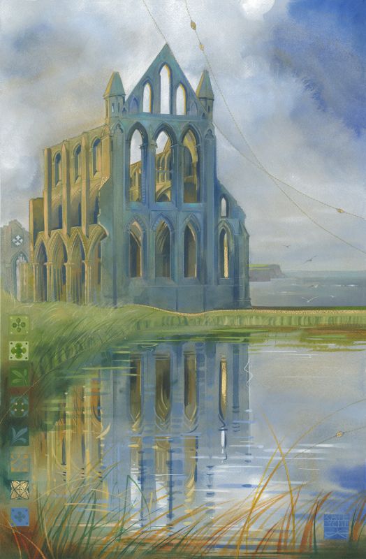 Whitby Abbey painting by KAte Lycett reflected in water with a cloudy sky.