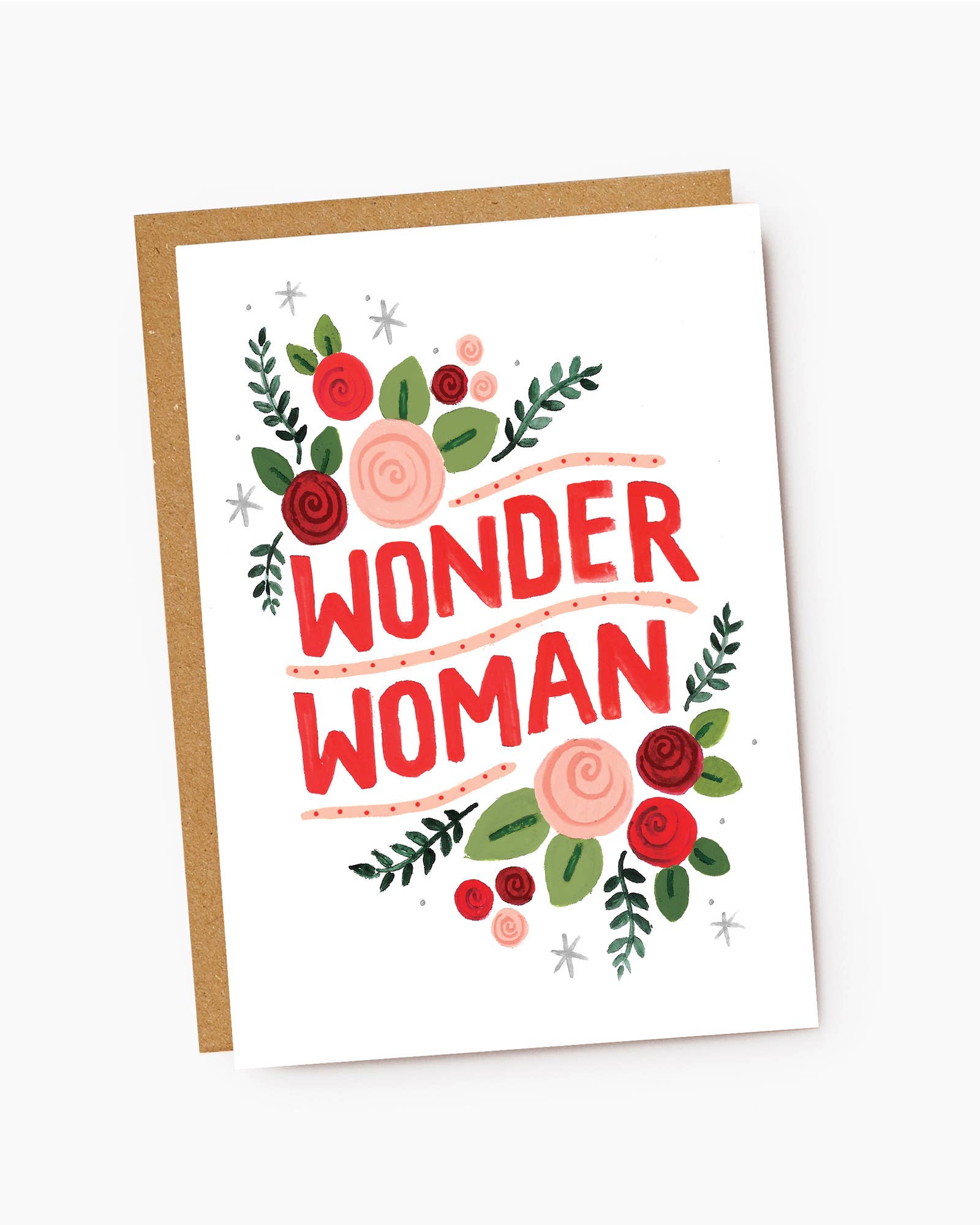 Greeting card with 'Wonder Woman' text and floral design on a white background