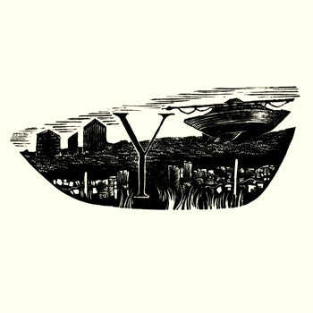 Black and white illustration of a field with an abandoned yacht and houses, Kate Lycett,wood engraving,Hebden Bridge, A-Z,Yacht,print