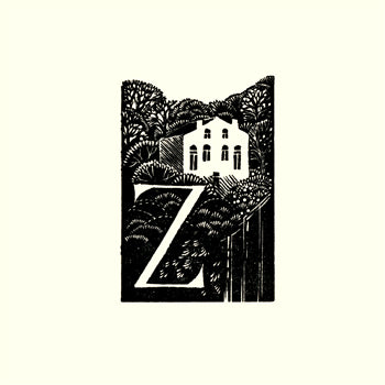 Illustration of a chapel with a large 'Z' in the foreground on a white background, Kate Lycett,wood engraving,Hebden Bridge, A-Z,Zion Chapel,print