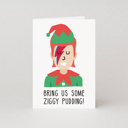 Card with an illustration of an elf wearing a green hat and outfit, with text 'Bring us some Ziggy pudding!' on a white background.