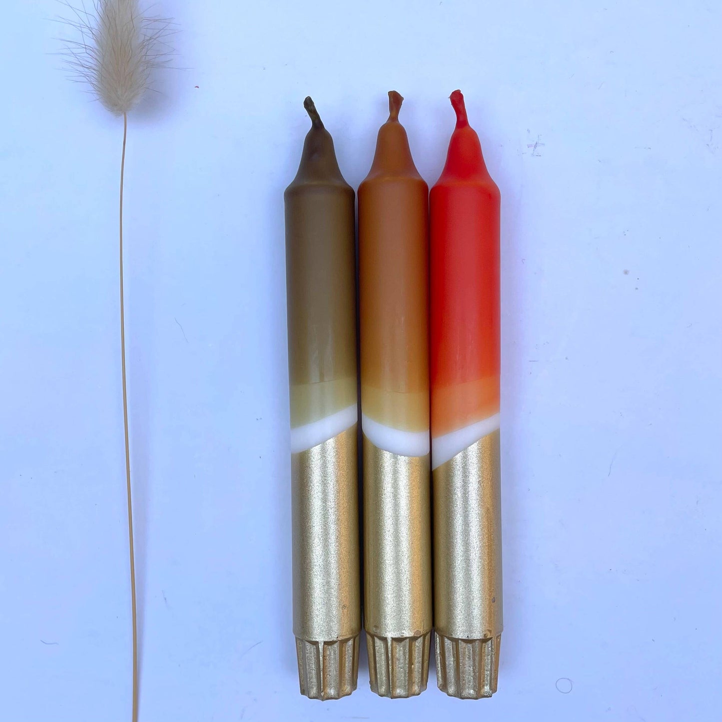 The Singing Rabbit Olive, Caramel, Rust & Gold Dip Dyed Dinner Candles