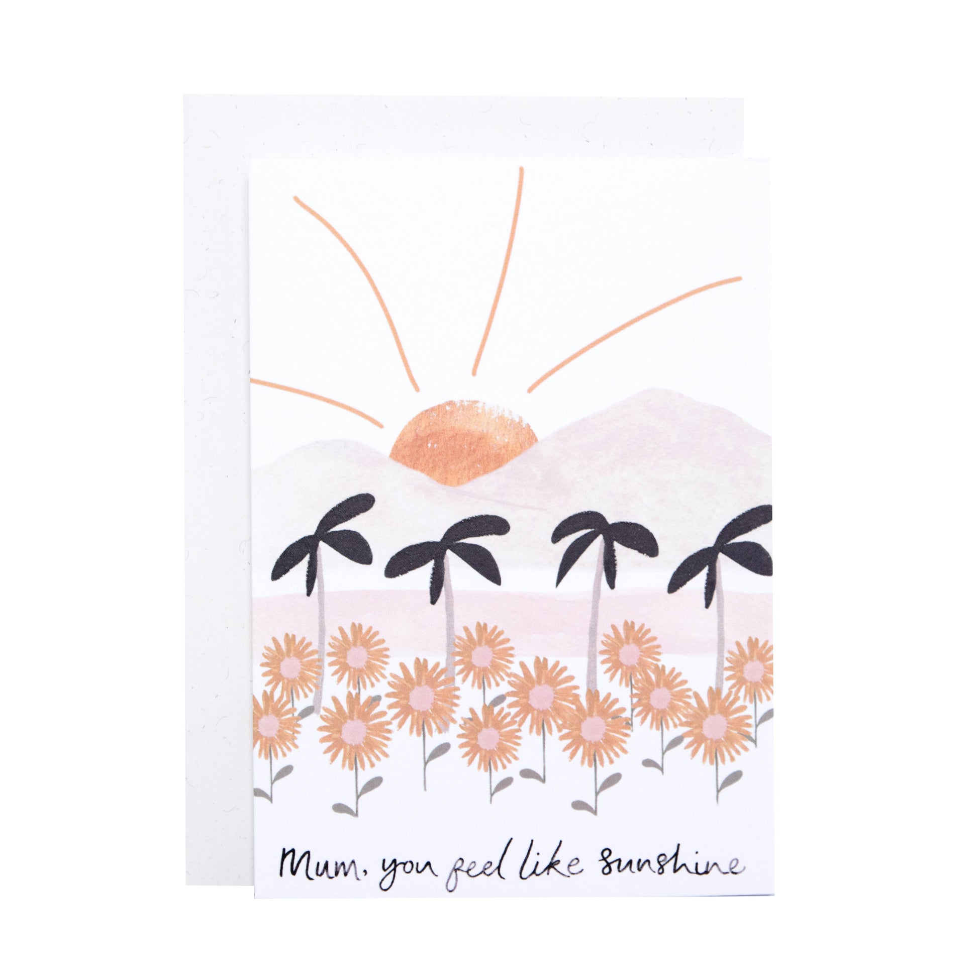 Card with sun, palm trees, and flowers design on a white background