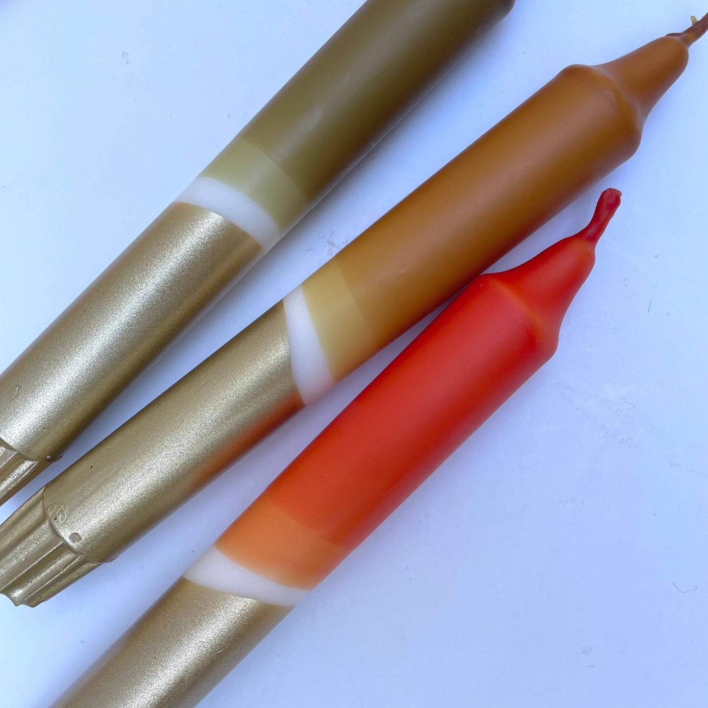 The Singing Rabbit Olive, Caramel, Rust & Gold Dip Dyed Dinner Candles