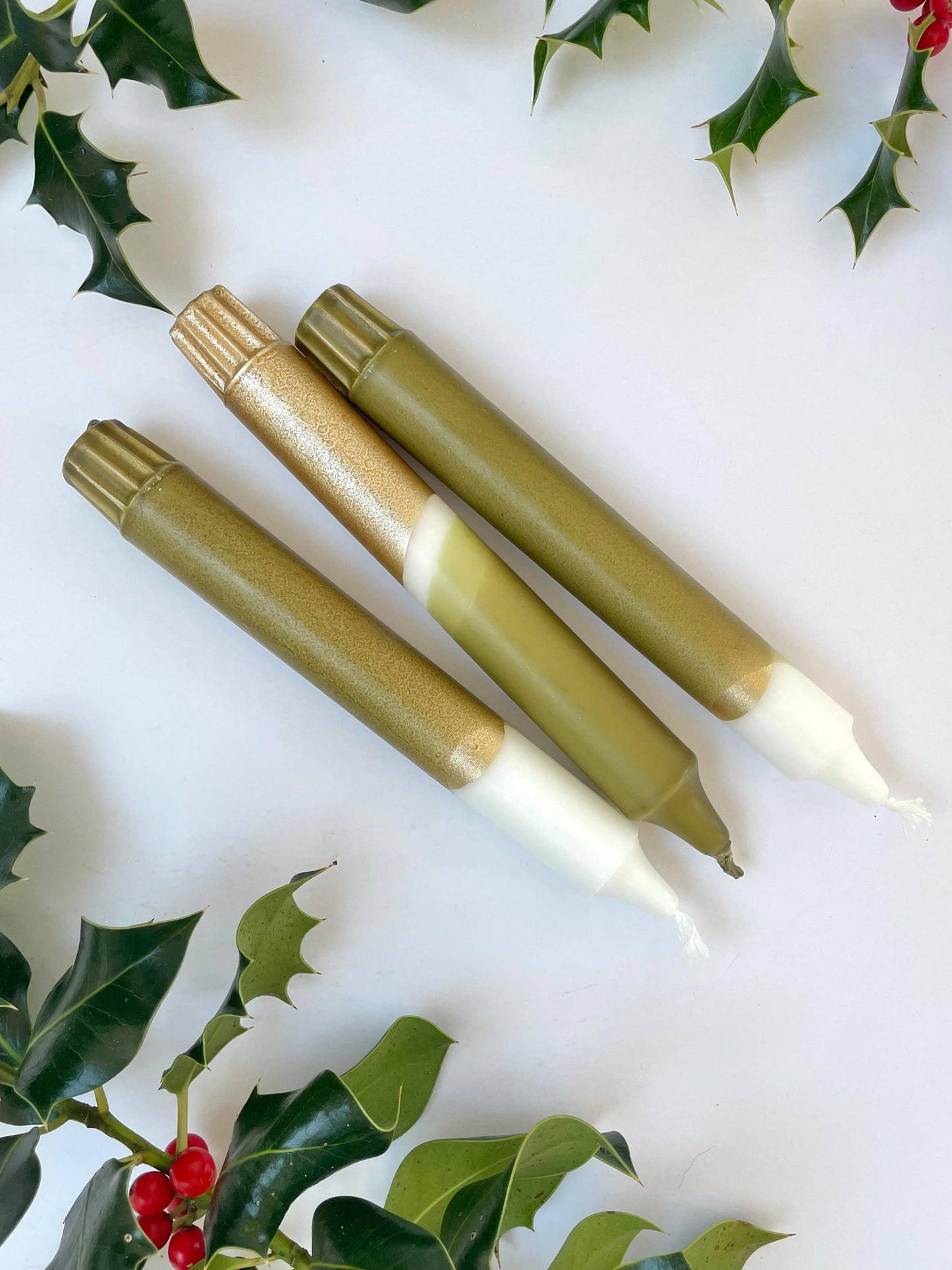 The Singing Rabbit - Luxe Olive Green & Gold Dip Dyed Dinner Candles