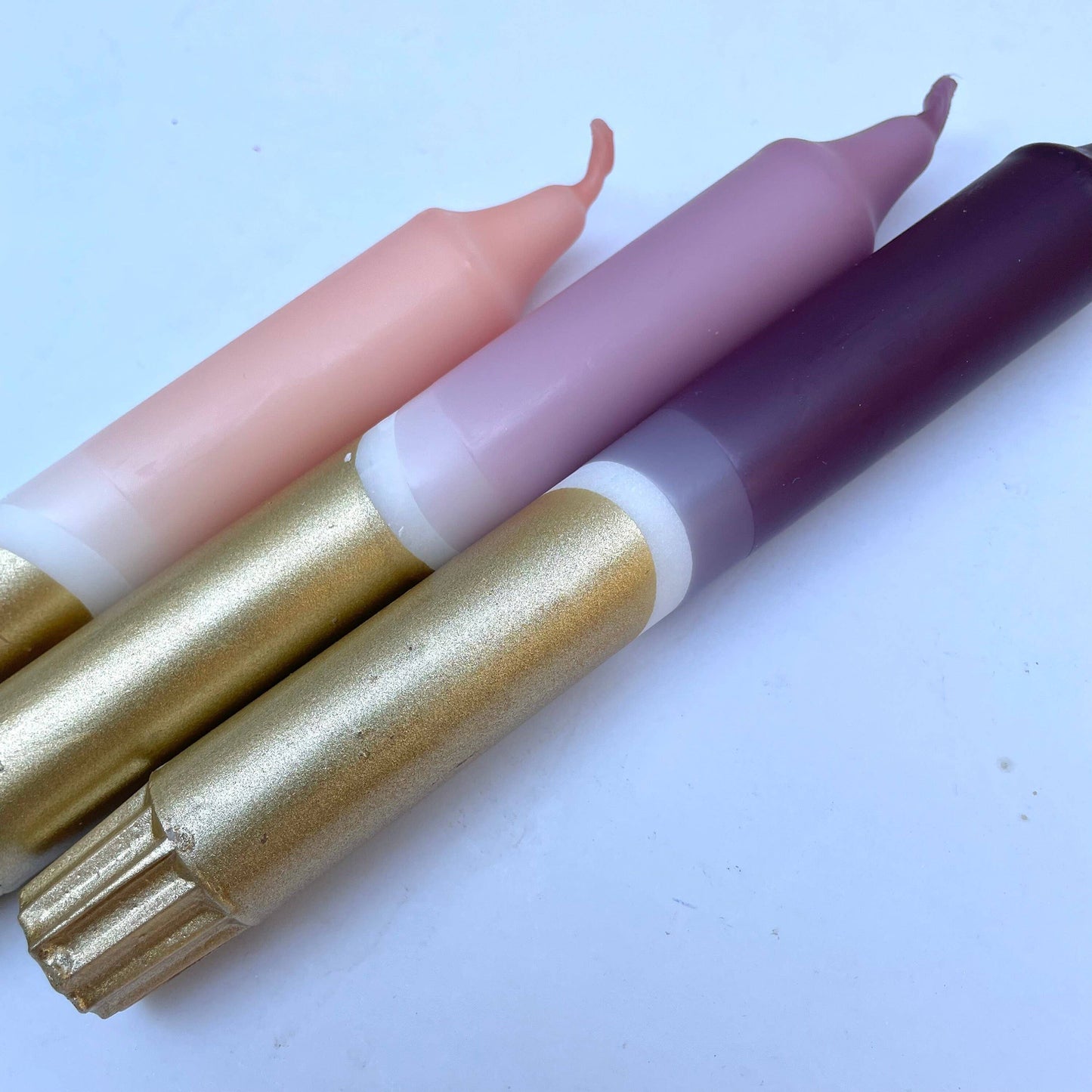 The Singing Rabbit - Aubergine, Heather, Blush Pink & Gold Dip Dye Dinner Candles