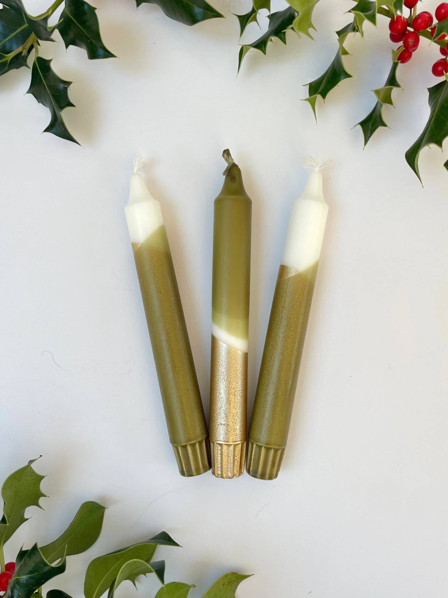 The Singing Rabbit - Luxe Olive Green & Gold Dip Dyed Dinner Candles