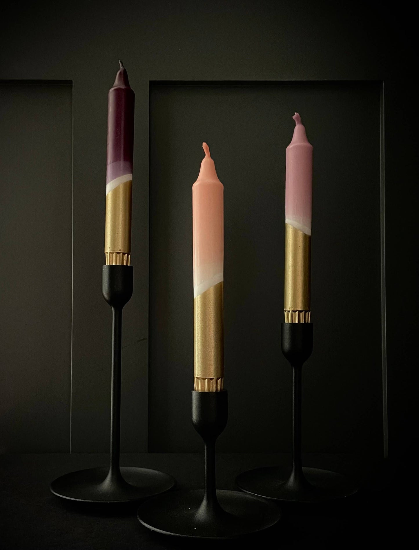 The Singing Rabbit - Aubergine, Heather, Blush Pink & Gold Dip Dye Dinner Candles