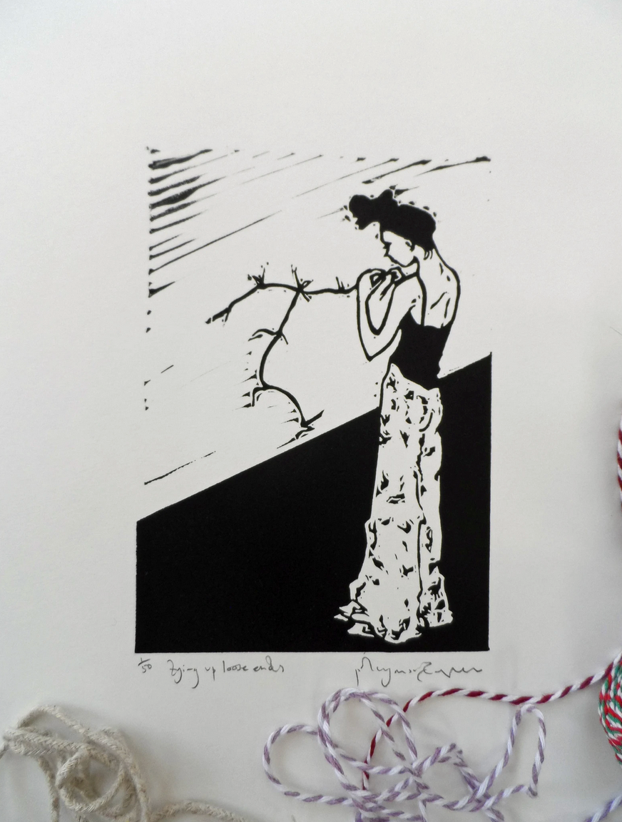 Polly Marix-Evans - Tying Up Loose Ends - Original Linocut