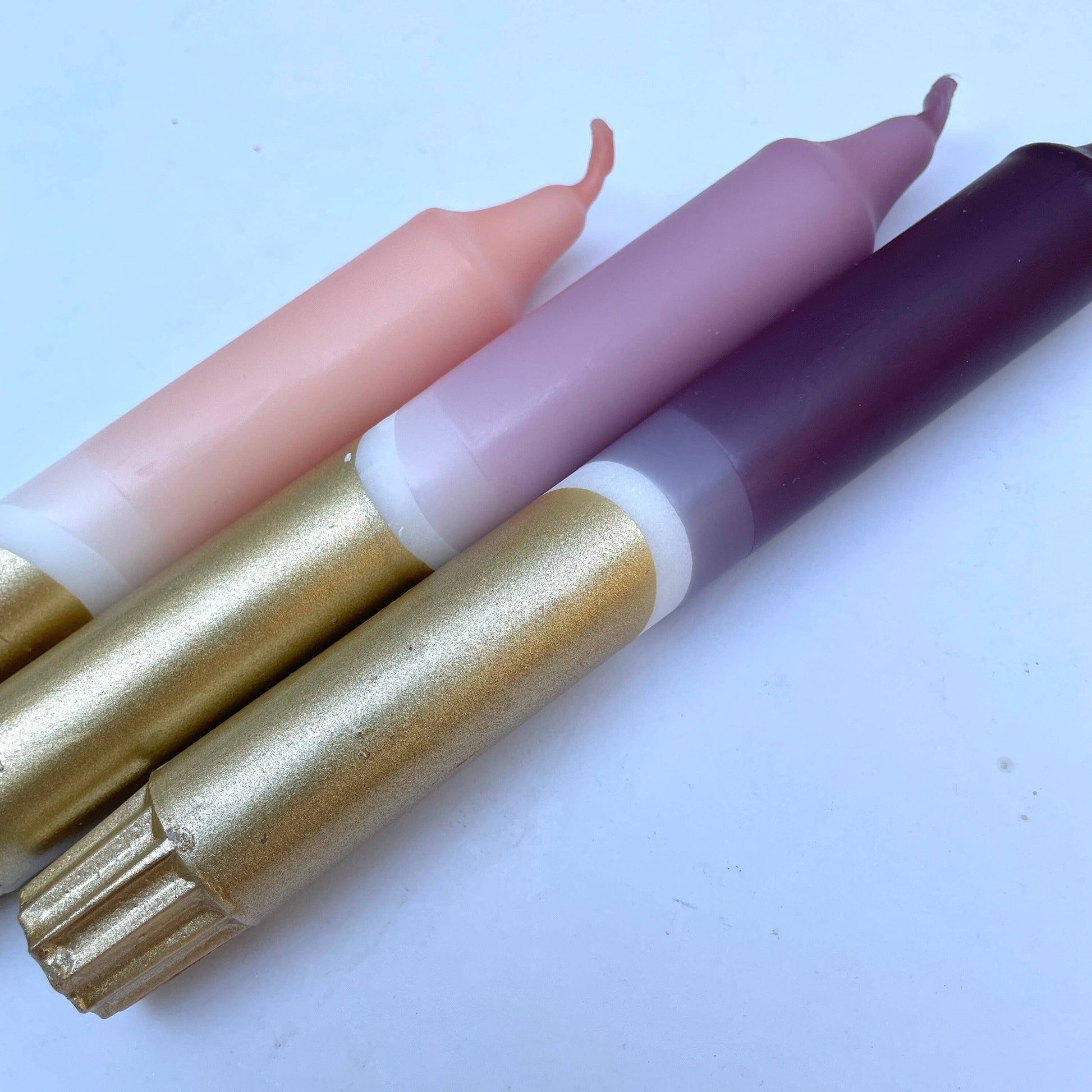 3 hand dip dyed candles in pinks and purples by The Singing Rabbit for HEart Gallery
