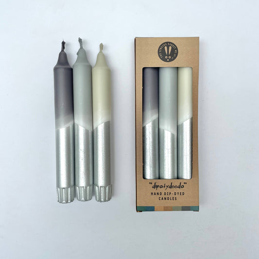 3 shades of grey hand dip dyed dinner candles by The Singing Rabbit