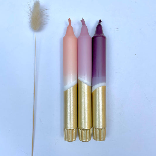 The Singing Rabbit - Aubergine, Heather, Blush Pink & Gold Dip Dye Dinner Candles