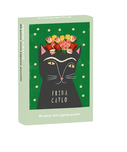 Frida Catlo mini jigsaw puzzle box with a black cat design and floral headband on a green background. 99 pieces