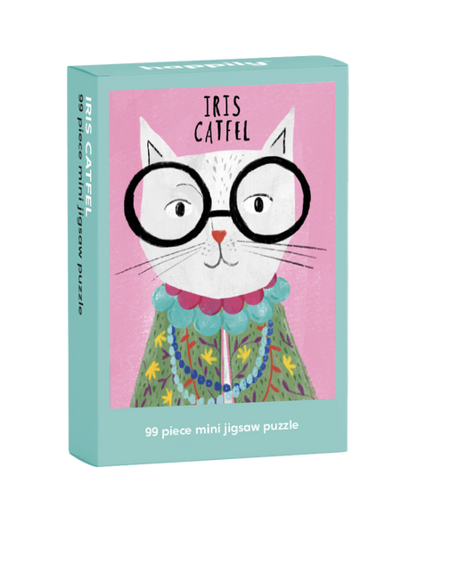 Jigsaw Puzzle with a cat illustration on the packaging against a pink background Iris Catfel 99 pieces