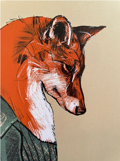 Artistic depiction of a fox's head on a beige background Harvest Fox close up Mrs Bertimus