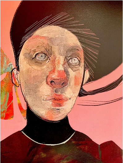 Artistic portrait of a person with abstract elements on a pink background Moongazer A3 print by Letitia Thompson Mrs Bertimus