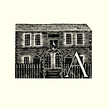 Kate Lycett,wood engraving,Hebden Bridge, A-Z,Arts Centre,print,Black and White building with the letter A

