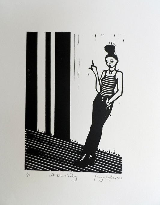 A black and white linocut artwork of a female figure  with a bun standing on one foot, with a pointing finger, titled and signed by Polly Marix-Evans.