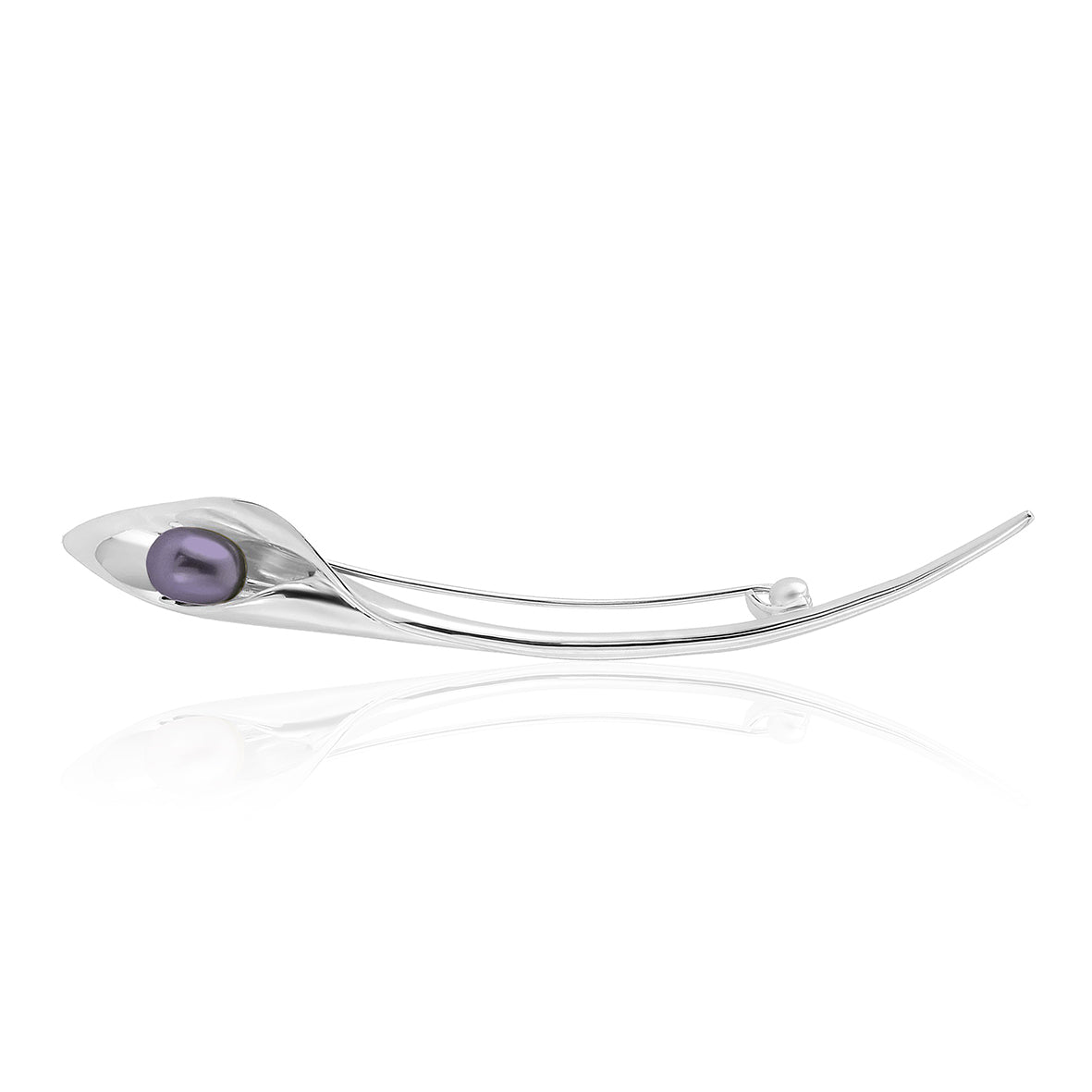 A silver brooch that looks like a cala lilly with a freshwater pearl, handmade jewellery made in Yorkshire, Amanda Cox,Hebden Bridge