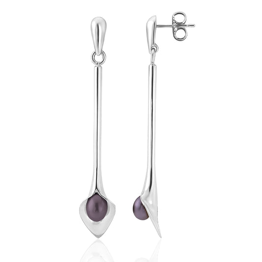 silver drop earrings that look like a Cala lily with a freshwater pearl, handmade jewellery made in Yorkshire, bridal jewellery handmade, Amanda Cox, Hebden Bridge