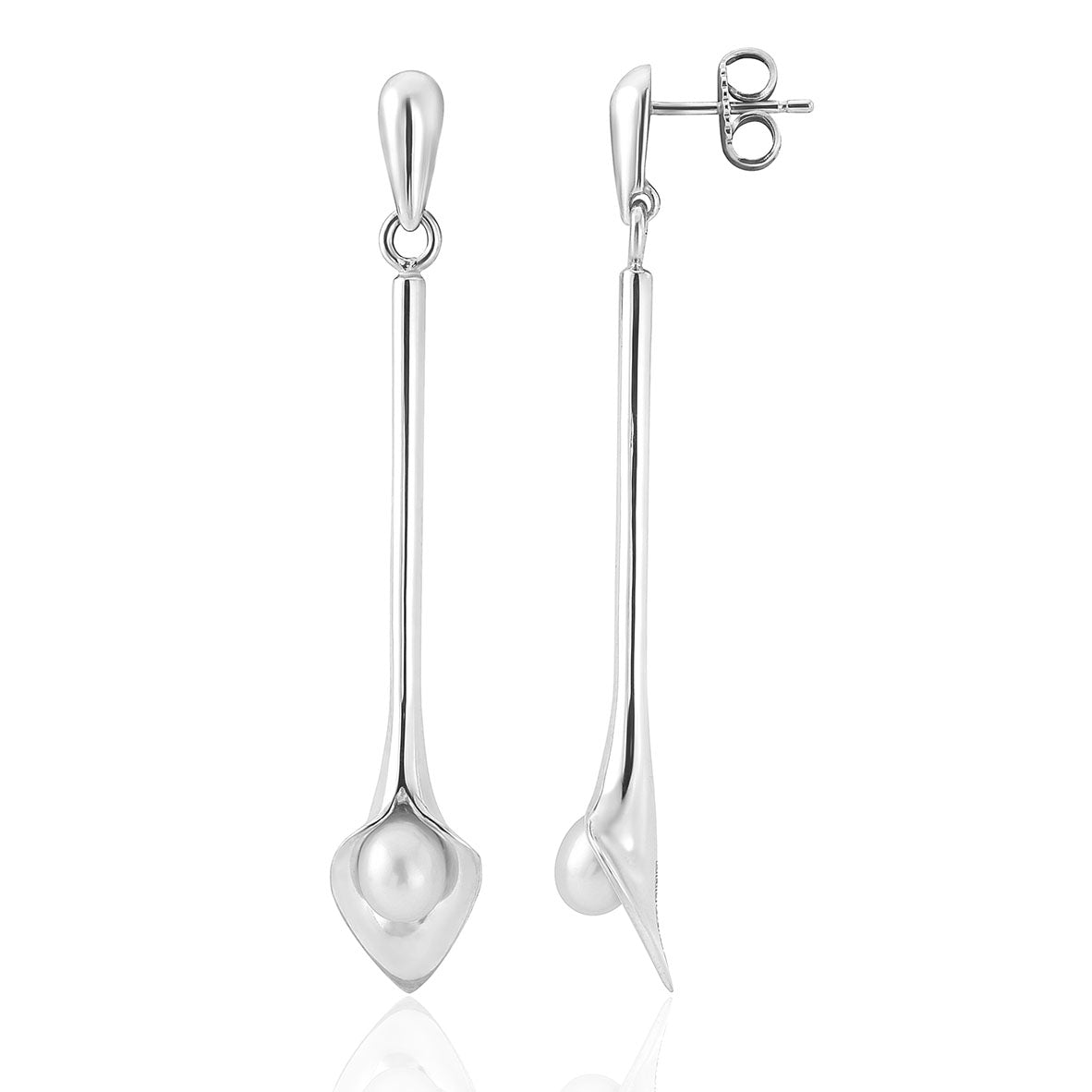 silver drop earrings that look like a Cala lily with a freshwater pearl, handmade jewellery made in Yorkshire, bridal jewellery handmade, Amanda Cox, Hebden Bridge