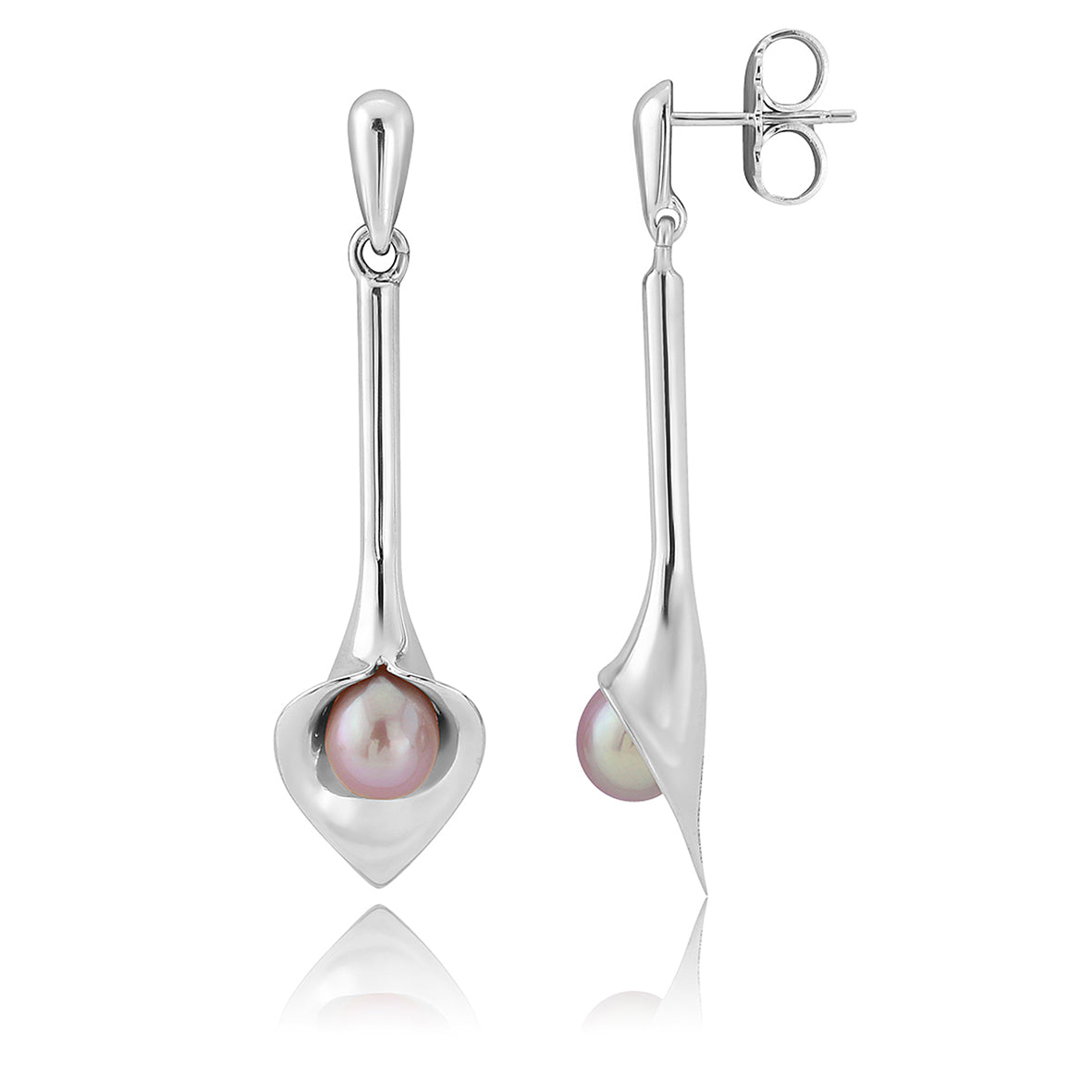 silver drop earrings that look like a Cala lily with a freshwater pearl, handmade jewellery made in Yorkshire, bridal jewellery handmade, Amanda Cox, Hebden Bridge