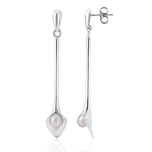silver drop earrings that look like a Cala lily with a freshwater pearl, handmade jewellery made in Yorkshire, bridal jewellery handmade, Amanda Cox, Hebden Bridge
